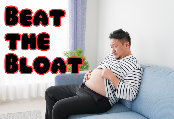 beat the bloat depicts an individual with a bloated tummy